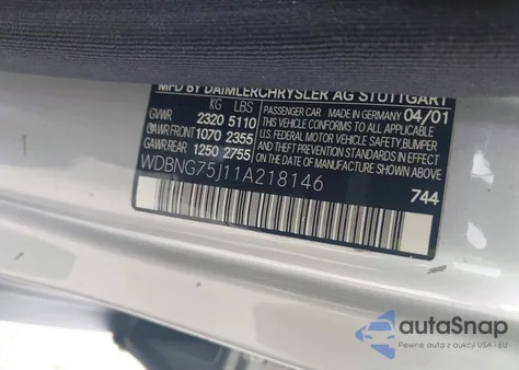 2001 Mercedes-Benz S 500 z USA, uszkodzony, nr VIN WDBNG75J11A218146